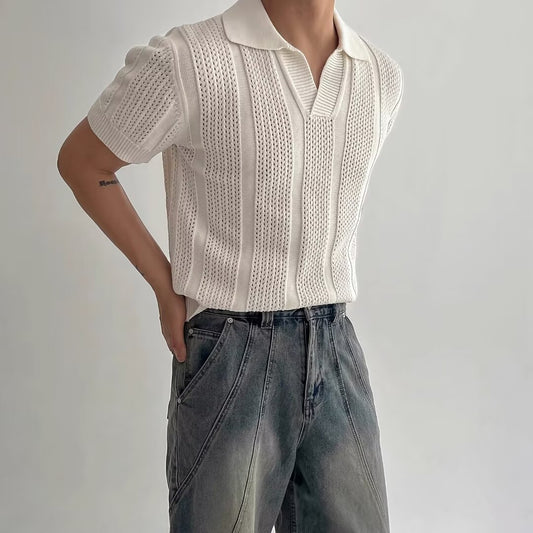 Polo-Shirt mit hohlem Mesh-Design und Kurzarm